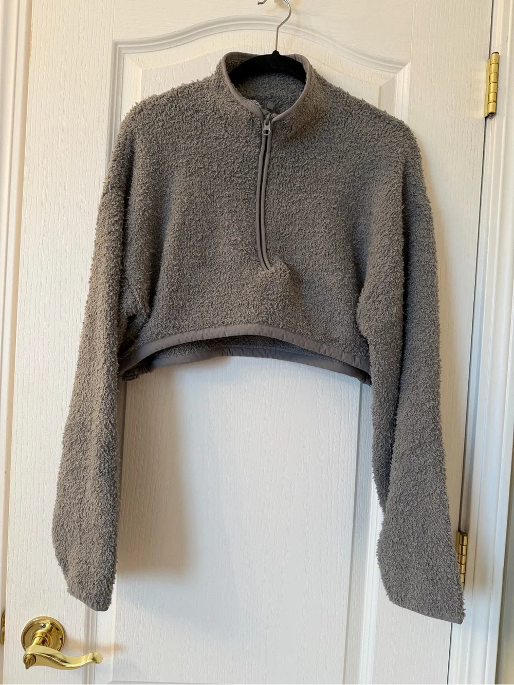 SKIMS Cozy Knit Cropped Pullover S/M Gray Boucle Quarter Zip Sherpa Sweater